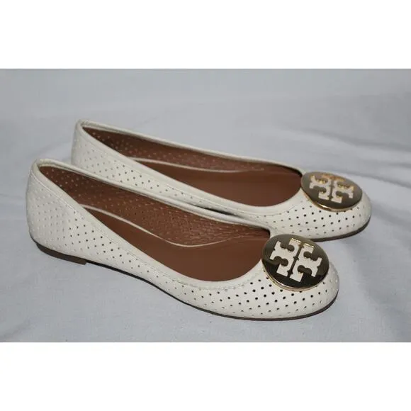 NEW TORY BURCH WOMEN'S LASER CUT MINNIE LEATHER BALLET FLATS IVORY GOLD‎ SZ 7