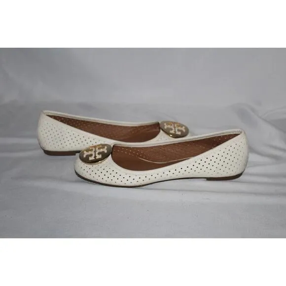 NEW TORY BURCH WOMEN'S LASER CUT MINNIE LEATHER BALLET FLATS IVORY GOLD‎ SZ 7
