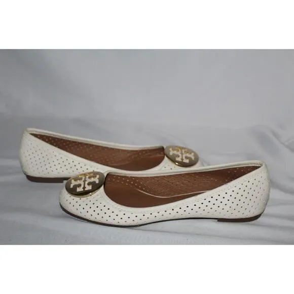 NEW TORY BURCH WOMEN'S LASER CUT MINNIE LEATHER BALLET FLATS IVORY GOLD‎ SZ 7