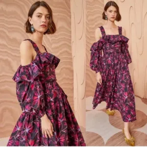 New! Ulla Johnson Caprice black pink printed dress 22732