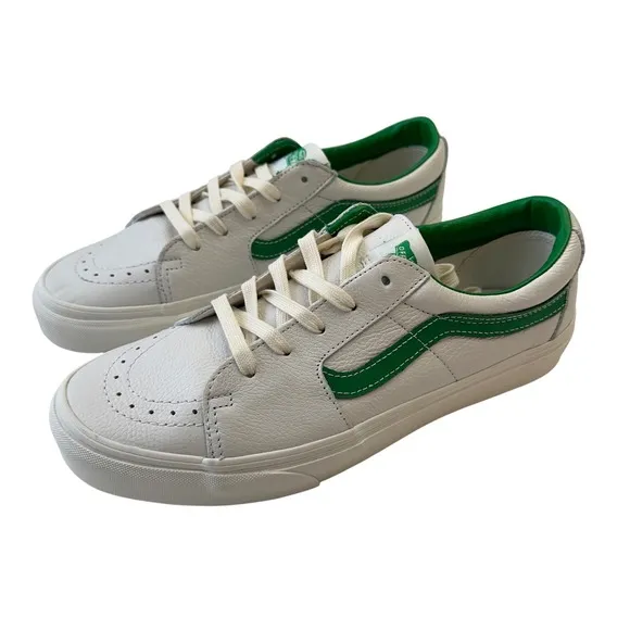 New Vans SK8 Low Top Sneakers White Green Leather Casual Unisex Men 9.5 Women 11