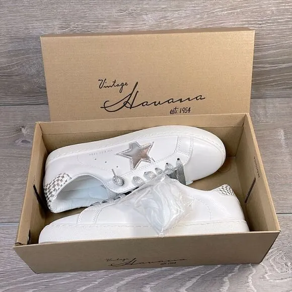 NEW Vintage Havana Carla Women’s Size 7.5 White Silver Shimmer Low Top Sneakers