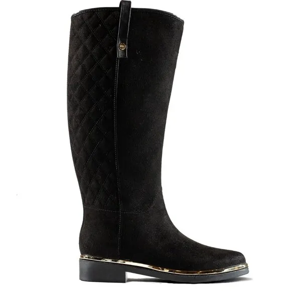NEW WET KNOT Faux Suede Waterproof Equus Quilted High Shaft Boots black 367tmn