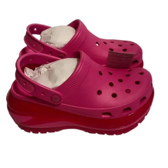 NIB Crocs Pink Mega Crush Embossed Logo Clogs rubber slip-on loafers sandals 8