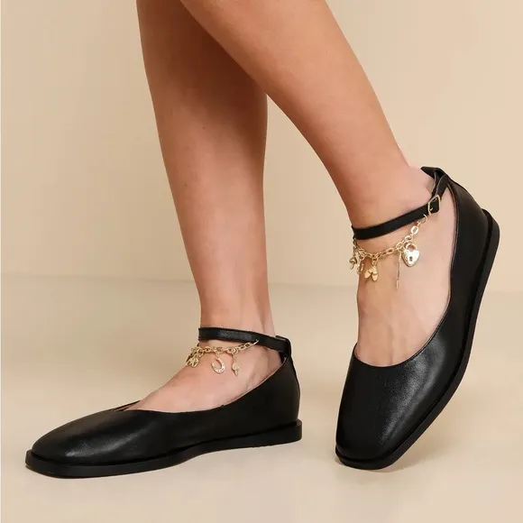 NIB | Free People | Mystic Treasures Black Leather Charm Ankle Strap Ballet Flat
