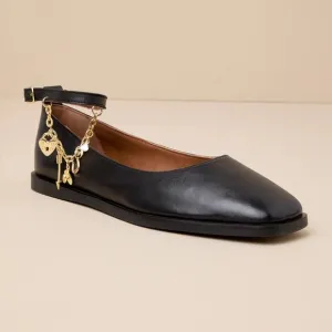 NIB | Free People | Mystic Treasures Black Leather Charm Ankle Strap Ballet Flat
