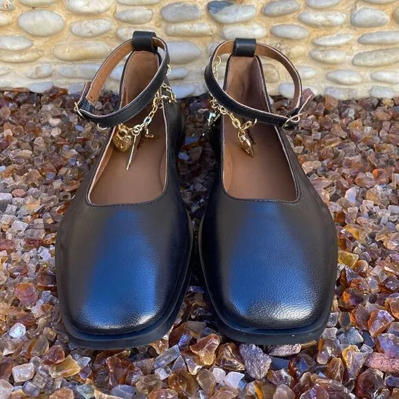 NIB New Free People Black Mystic Treasures Ballet Flat w/Charms. Sz 7 Mary Jane