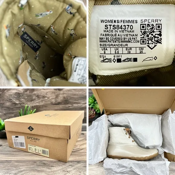 NIB Sperry Top Sider Saltwater Chevron Quilted Shaft Nylon Duck Boots Ivory