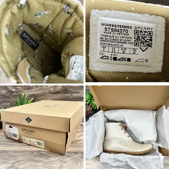 NIB Sperry Top Sider Saltwater Chevron Quilted Shaft Nylon Duck Boots Ivory