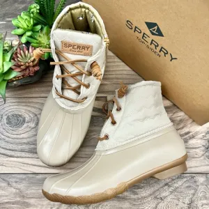 NIB Sperry Top Sider Saltwater Chevron Quilted Shaft Nylon Duck Boots Ivory