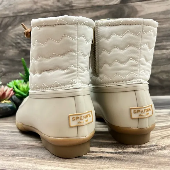 NIB Sperry Top Sider Saltwater Chevron Quilted Shaft Nylon Duck Boots Ivory