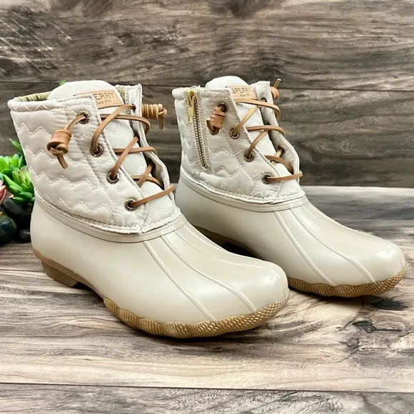 NIB Sperry Top Sider Saltwater Chevron Quilted Shaft Nylon Duck Boots Ivory