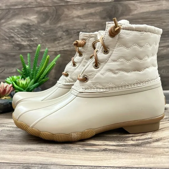 NIB Sperry Top Sider Saltwater Chevron Quilted Shaft Nylon Duck Boots Ivory