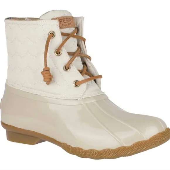 NIB Sperry Top Sider Saltwater Chevron Quilted Shaft Nylon Duck Boots Ivory