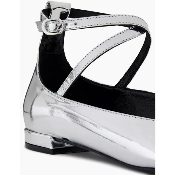 NIB Stuart Weitzman Silver and Black Leather Eden Cross Strap Ballet Flats US 8