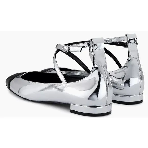 NIB Stuart Weitzman Silver and Black Leather Eden Cross Strap Ballet Flats US 8