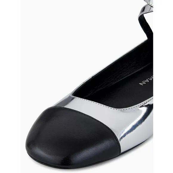 NIB Stuart Weitzman Silver and Black Leather Eden Cross Strap Ballet Flats US 8