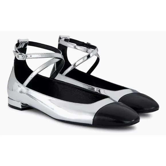 NIB Stuart Weitzman Silver and Black Leather Eden Cross Strap Ballet Flats US 8
