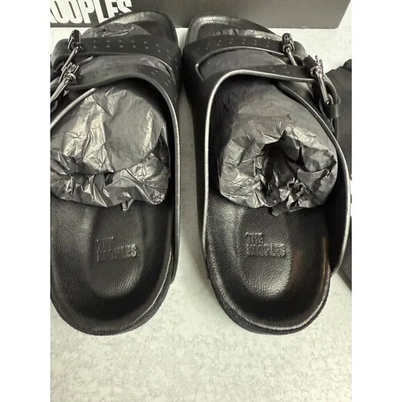NIB THE KOOPLES MEN’S BLACK LEATHER SANDALS Double Strap, Slides, FR 44/US 10