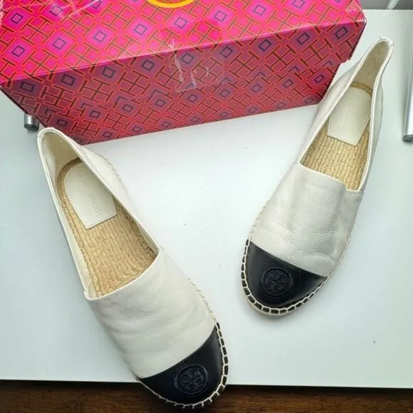 NIB Tory Burch Women's Color Block Black/Ivory Rope Bottom Espadrille Flats 10.5