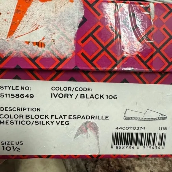 NIB Tory Burch Women's Color Block Black/Ivory Rope Bottom Espadrille Flats 10.5