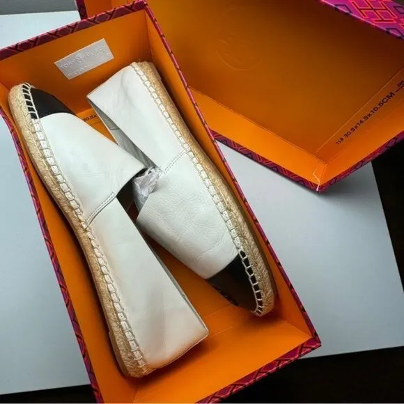 NIB Tory Burch Women's Color Block Black/Ivory Rope Bottom Espadrille Flats 10.5