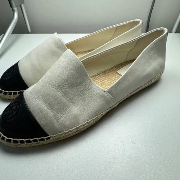 NIB Tory Burch Women's Color Block Black/Ivory Rope Bottom Espadrille Flats 10.5