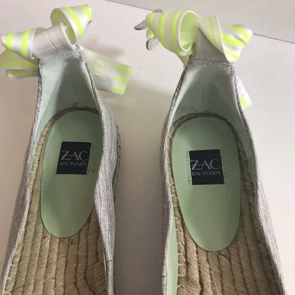 NIB ZAC Zac Posen Vinca Gray Tan Flat Espadrille Striped Neon Yellow Ankle Tie 7
