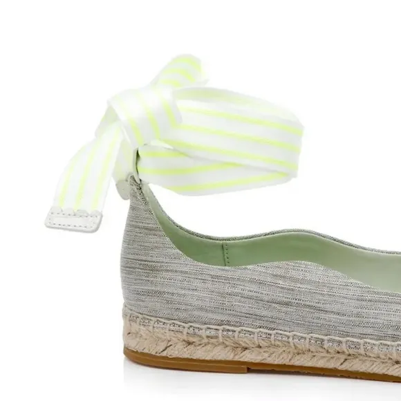 NIB ZAC Zac Posen Vinca Gray Tan Flat Espadrille Striped Neon Yellow Ankle Tie 7