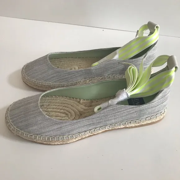 NIB ZAC Zac Posen Vinca Gray Tan Flat Espadrille Striped Neon Yellow Ankle Tie 7