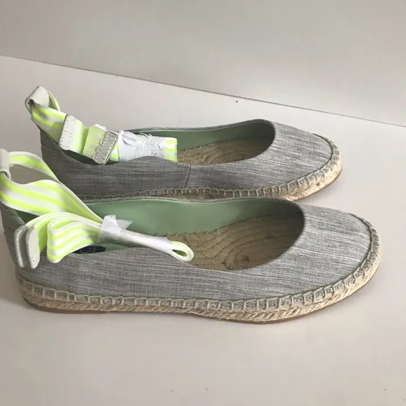 NIB ZAC Zac Posen Vinca Gray Tan Flat Espadrille Striped Neon Yellow Ankle Tie 7