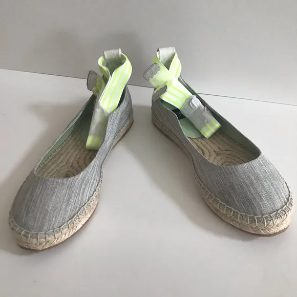 NIB ZAC Zac Posen Vinca Gray Tan Flat Espadrille Striped Neon Yellow Ankle Tie 7