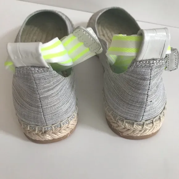 NIB ZAC Zac Posen Vinca Gray Tan Flat Espadrille Striped Neon Yellow Ankle Tie 7