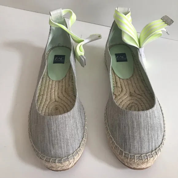 NIB ZAC Zac Posen Vinca Gray Tan Flat Espadrille Striped Neon Yellow Ankle Tie 7