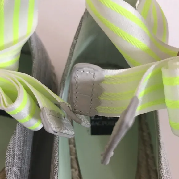 NIB ZAC Zac Posen Vinca Gray Tan Flat Espadrille Striped Neon Yellow Ankle Tie 7