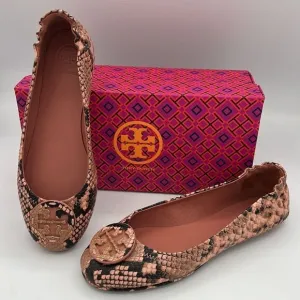 NIB Tory Burch Pink Minnie Travel Snake Print Leather Reva Ballet Flats Size 6.5
