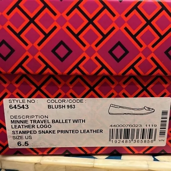 NIB Tory Burch Pink Minnie Travel Snake Print Leather Reva Ballet Flats Size 6.5