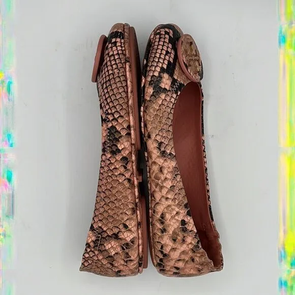 NIB Tory Burch Pink Minnie Travel Snake Print Leather Reva Ballet Flats Size 6.5