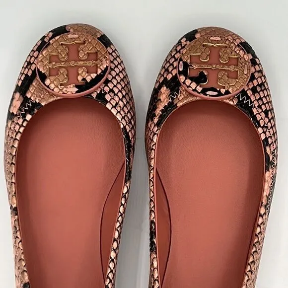 NIB Tory Burch Pink Minnie Travel Snake Print Leather Reva Ballet Flats Size 6.5