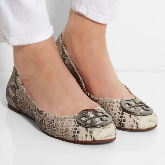 NIB Tory Burch Pink Minnie Travel Snake Print Leather Reva Ballet Flats Size 6.5