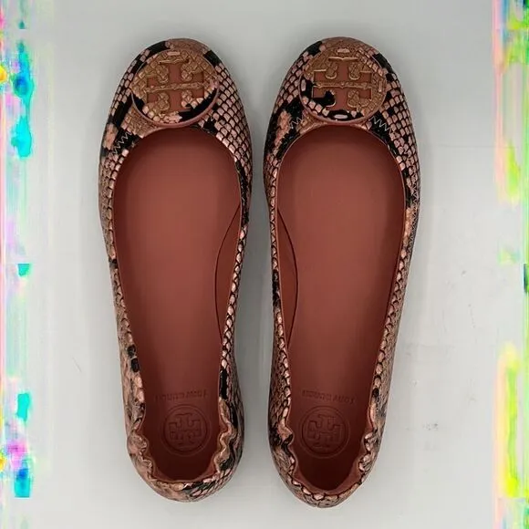 NIB Tory Burch Pink Minnie Travel Snake Print Leather Reva Ballet Flats Size 6.5