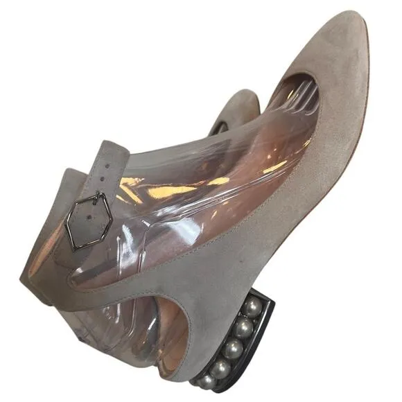 Nicholas Kirkwood Lola Gray Velvet Flats Pearl Heel Sz. 37 Ankle Strap Wedding