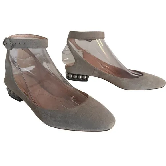Nicholas Kirkwood Lola Gray Velvet Flats Pearl Heel Sz. 37 Ankle Strap Wedding