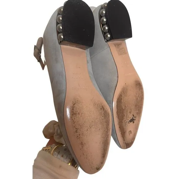 Nicholas Kirkwood Lola Gray Velvet Flats Pearl Heel Sz. 37 Ankle Strap Wedding