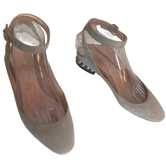 Nicholas Kirkwood Lola Gray Velvet Flats Pearl Heel Sz. 37 Ankle Strap Wedding