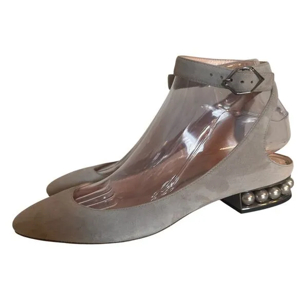 Nicholas Kirkwood Lola Gray Velvet Flats Pearl Heel Sz. 37 Ankle Strap Wedding