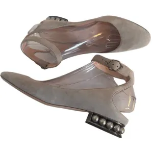 Nicholas Kirkwood Lola Gray Velvet Flats Pearl Heel Sz. 37 Ankle Strap Wedding