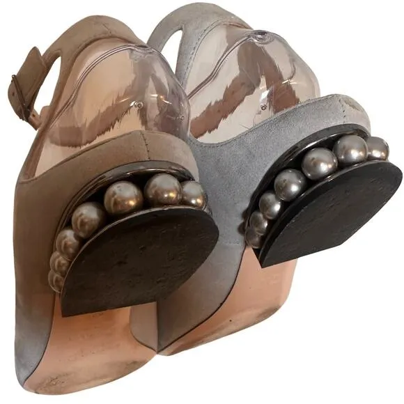 Nicholas Kirkwood Lola Gray Velvet Flats Pearl Heel Sz. 37 Ankle Strap Wedding