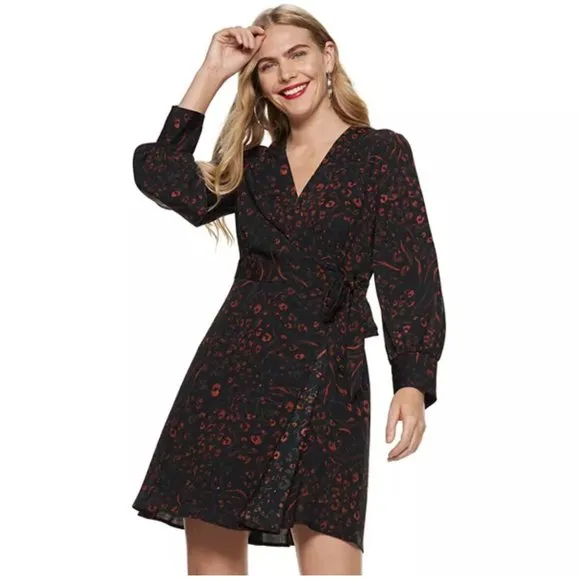 Nine West Long Sleeve Animal Print Wrap Dress XS