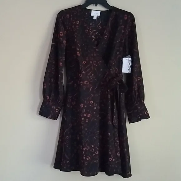 Nine West Long Sleeve Animal Print Wrap Dress XS